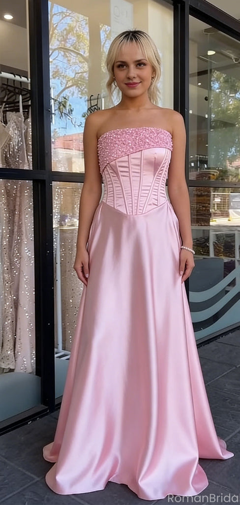 Fancy Pink Corset A-Line Satin Prom Dress with Beaded Bodice,OLP1757