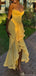 Elegant Yellow Spaghetti Strap Mermaid High Low Prom Dress Ideas, Evening Party Dresses, OLP1449