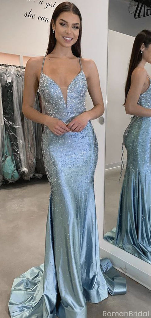 Fancy Glitzy Blue Prom Dress Deep V-Neck Sequined Mermaid Formal Gown,OLP1821