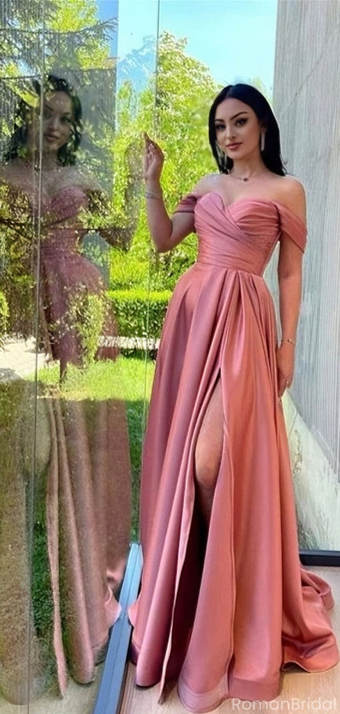 Elegant Pink Off-Shoulder A-Line Long Prom Dress Ideas, Evening Party Dresses, OLP1641