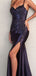 Sexy Blue Spaghetti Strap Sleeveless Mermaid Side Slit Long Prom Dress Ideas, Evening Party Dresses ,OLP1187