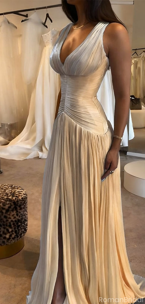 Elegant White V-Neck A-Line Long Prom Dress Ideas, Evening Party Dresses, OLP1388