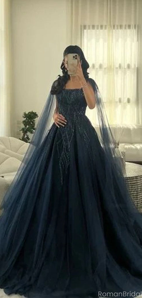 Elegant Navy Blue Spaghetti Strap A-Line Long Prom Dress Ideas, Evening Party Dresses, OLP1563