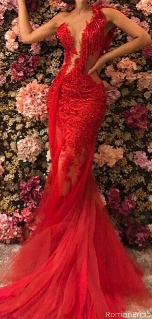 Unique Red Mermaid Lace Long Prom Dress Ideas, Evening Party Dresses, OLP1532