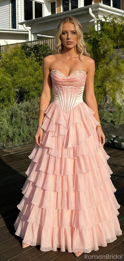 Unique Blush Pink Tiered Ruffle Prom Dress Strapless Boned Corset Tulle Ball Gown Skirt,OLP1741