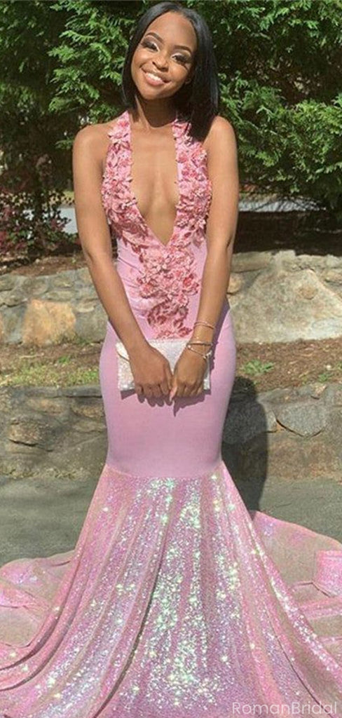 Sexy Floral Pink V-Neck Mermaid Long Prom Dress Ideas, Evening Party Dresses, OLP1551
