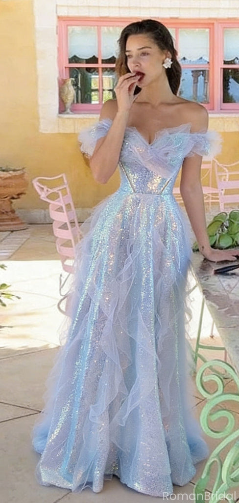 Ethereal Blue Off-Shoulder Tulle Prom Gown Iridescent Sparkle Tiered Ball Dress,OLP1799