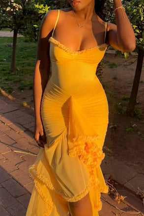 Elegant Yellow Spaghetti Strap Mermaid High Low Prom Dress Ideas, Evening Party Dresses, OLP1449