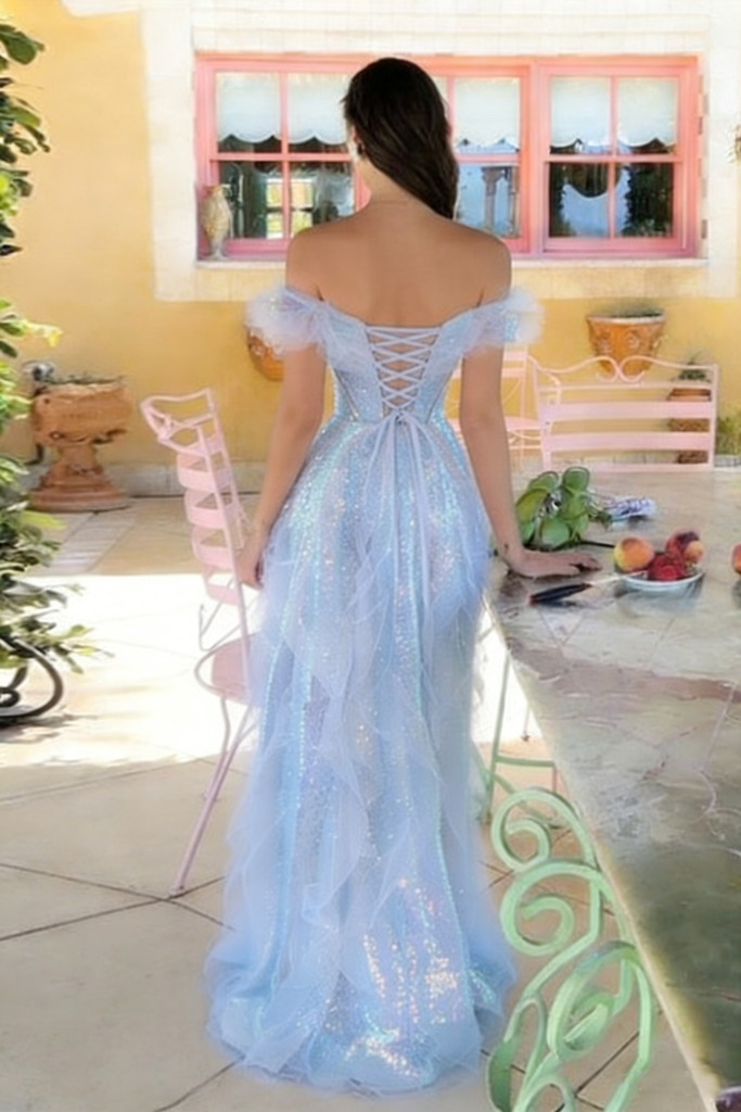 Ethereal Blue Off-Shoulder Tulle Prom Gown Iridescent Sparkle Tiered Ball Dress,OLP1799