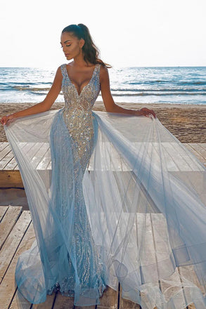 Sparkly Blue V-Neck Mermaid Long Prom Dress Ideas, Evening Party Dresses, OLP1614