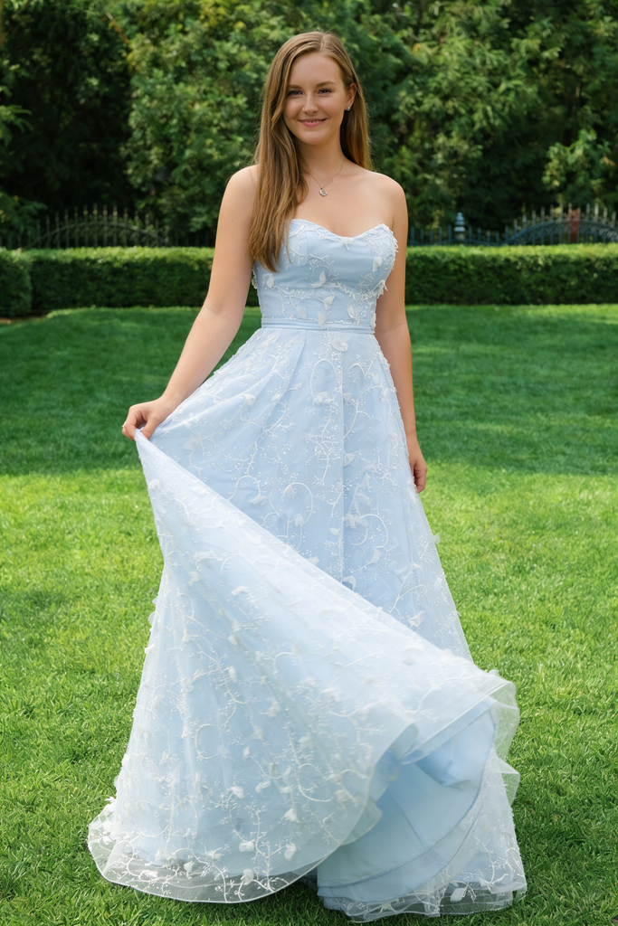 Pretty Light Blue 3D Floral Prom Dress Strapless Tulle A-Line Party Gown,OLP2030