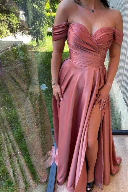 Elegant Pink Off-Shoulder A-Line Long Prom Dress Ideas, Evening Party Dresses, OLP1641