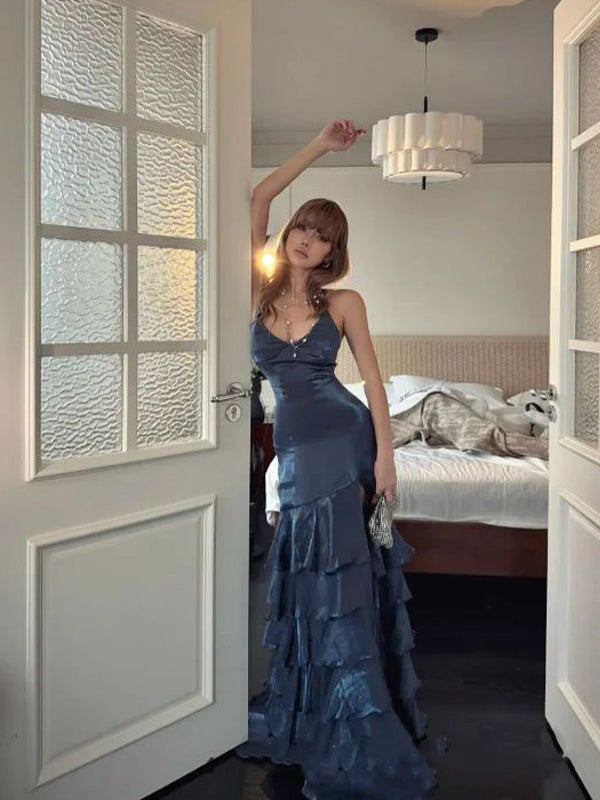 Elegant Navy Blue Spaghetti Strap Mermaid Long Prom Dress Ideas, Evening Party Dresses, OLP1655
