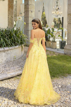 Beautiful Yellow Lace Prom Dress Butterfly Appliques Off-Shoulder,OLP2106