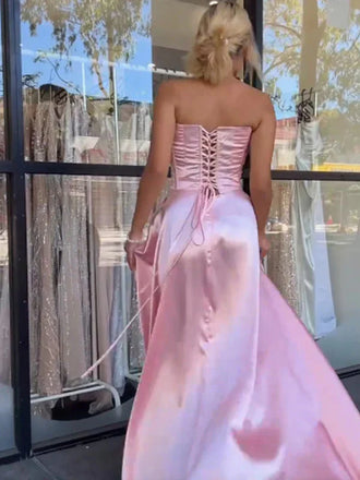 Fancy Pink Corset A-Line Satin Prom Dress with Beaded Bodice,OLP1757
