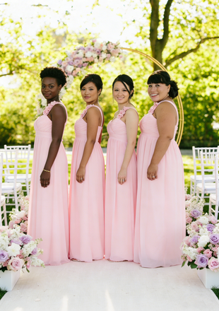 Sweetheart Pink Empire Waist Bridesmaid Dresses Chiffon Flower Shoulder Gowns,BG954