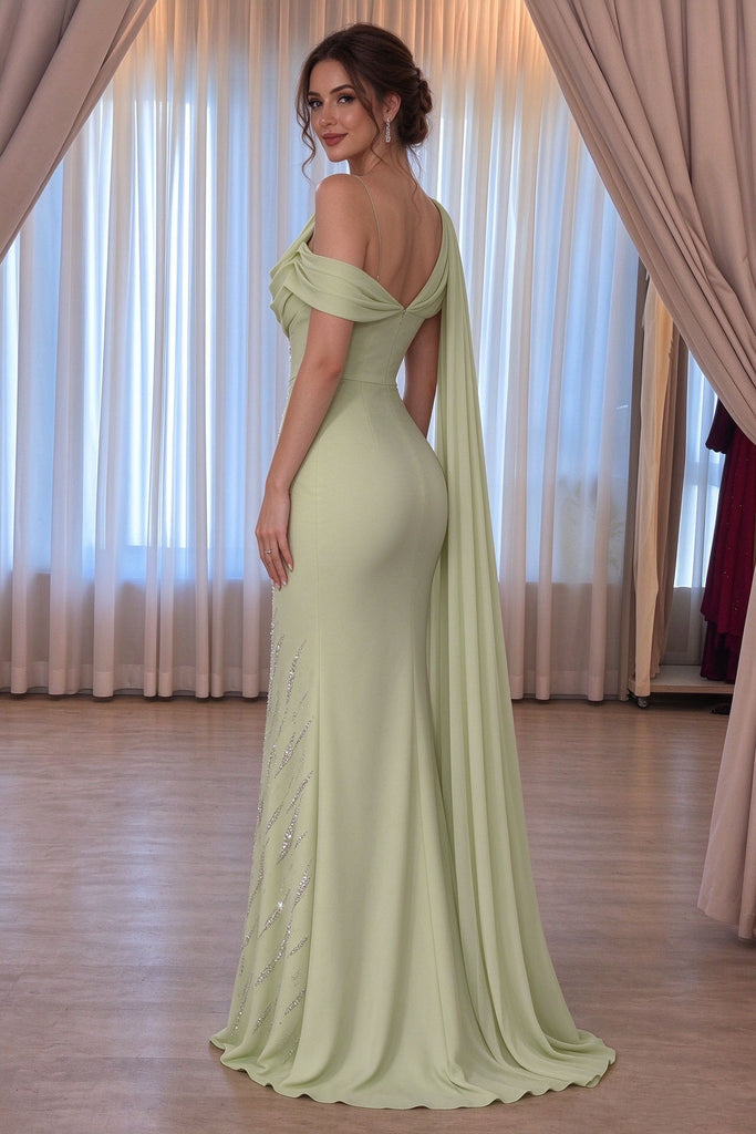 Elegant Sage Green One-Shoulder Chiffon Prom Dress Cape,OLP2467