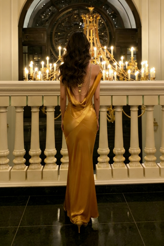 Stunning Gold Satin Cowl Neck Prom Gown Sleeveless Floor-Length Mermaid,OLP1996