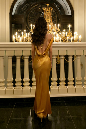 Stunning Gold Satin Cowl Neck Prom Gown Sleeveless Floor-Length Mermaid,OLP1996