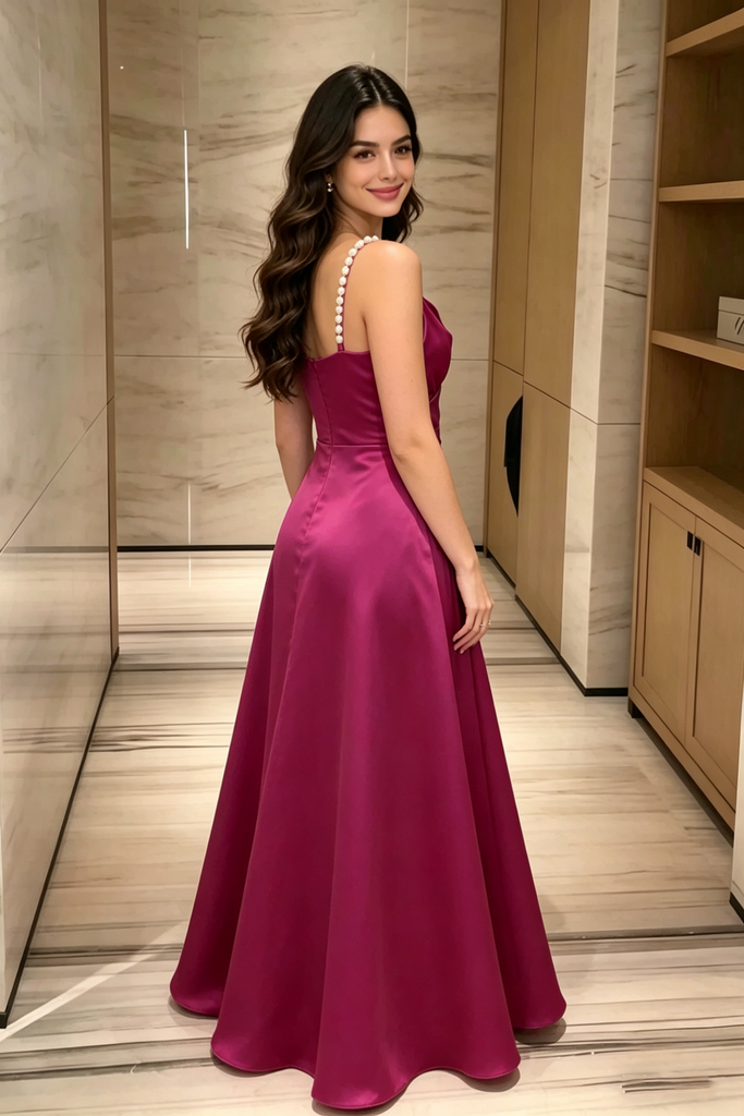 Fushia Magenta Strappy Pearl Strap Cowl Neck Sleeveless Long Prom Dress,OLP2217