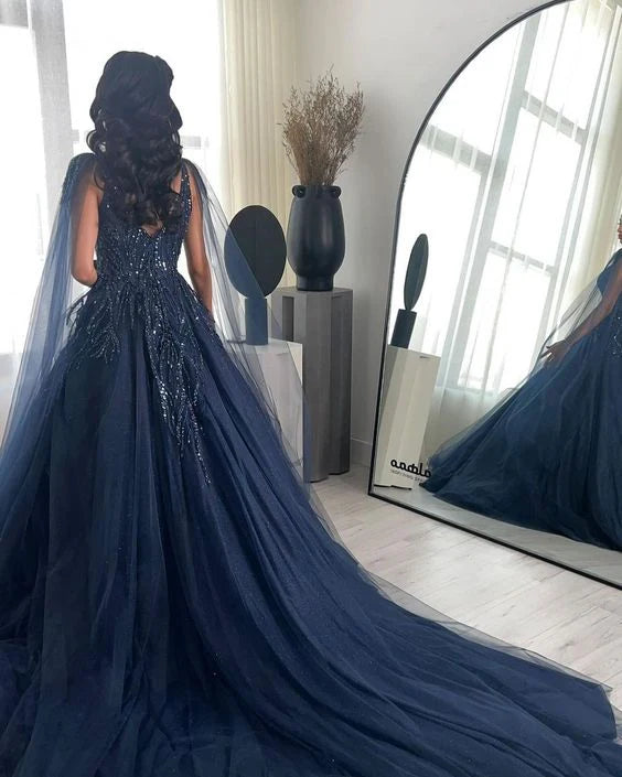 Elegant Navy Blue Spaghetti Strap A-Line Long Prom Dress Ideas, Evening Party Dresses, OLP1563