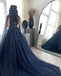 Elegant Navy Blue Spaghetti Strap A-Line Long Prom Dress Ideas, Evening Party Dresses, OLP1563