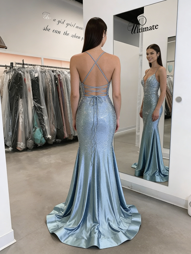 Fancy Glitzy Blue Prom Dress Deep V-Neck Sequined Mermaid Formal Gown,OLP1821