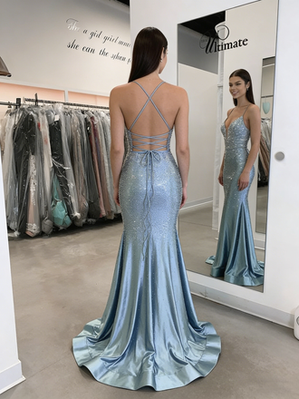 Fancy Glitzy Blue Prom Dress Deep V-Neck Sequined Mermaid Formal Gown,OLP1821