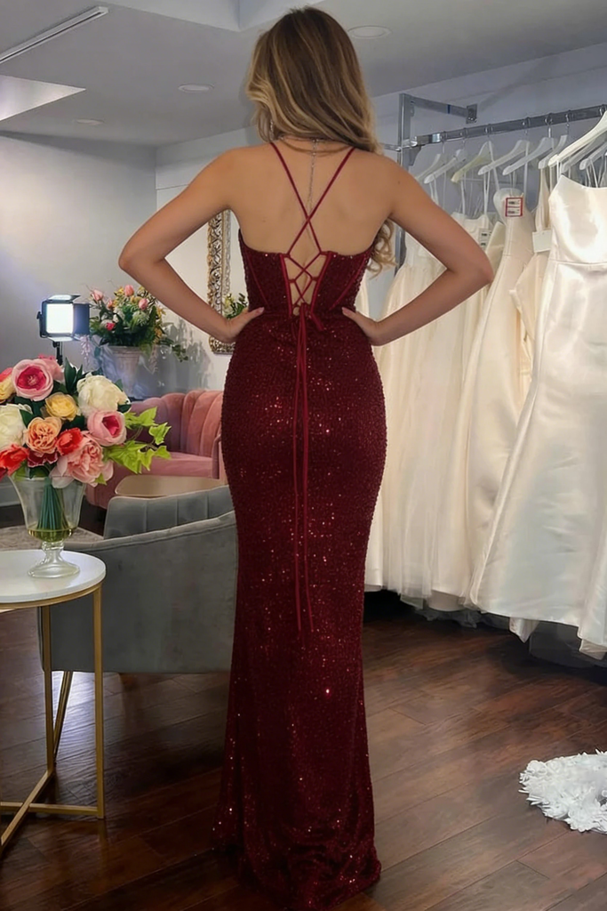 Sexy Burgundy Sequin Prom Dress Corset Bodice High Slit Glitter Mermaid Gown,OLP1863