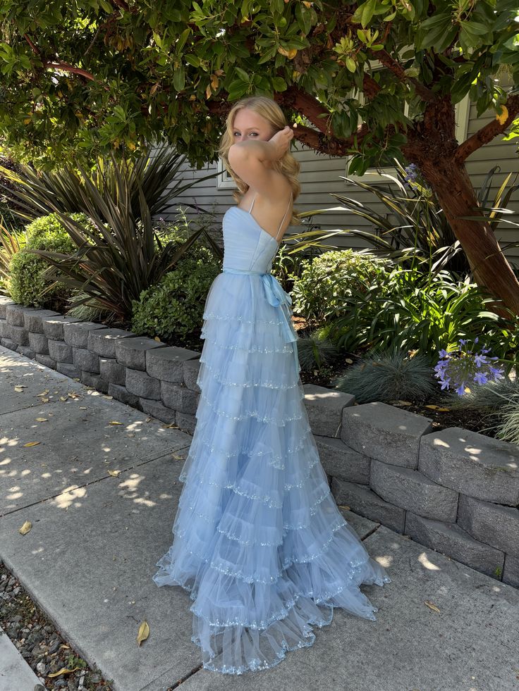 Unique Light Blue Tiered Tulle Ball Gown with Sparkly Beaded Ruffle Detailing,OLP1888