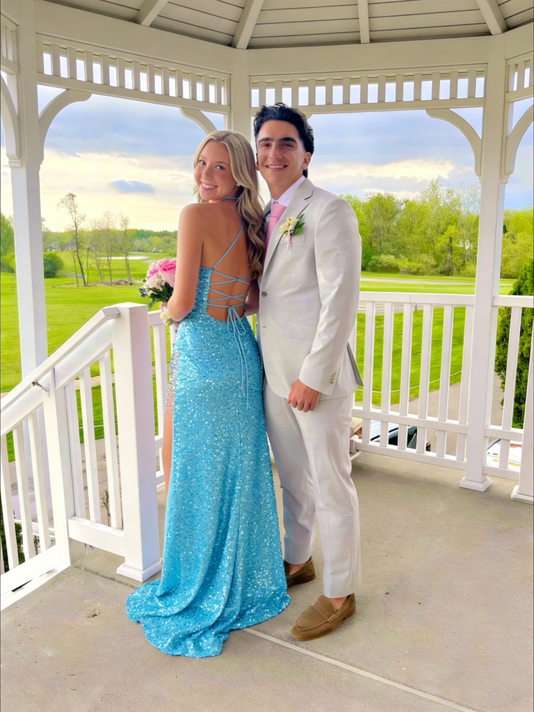 Unique V-Neck Sparkly Blue Sequin Prom Gown Sheer Mesh Side Split Dress,OLP2144