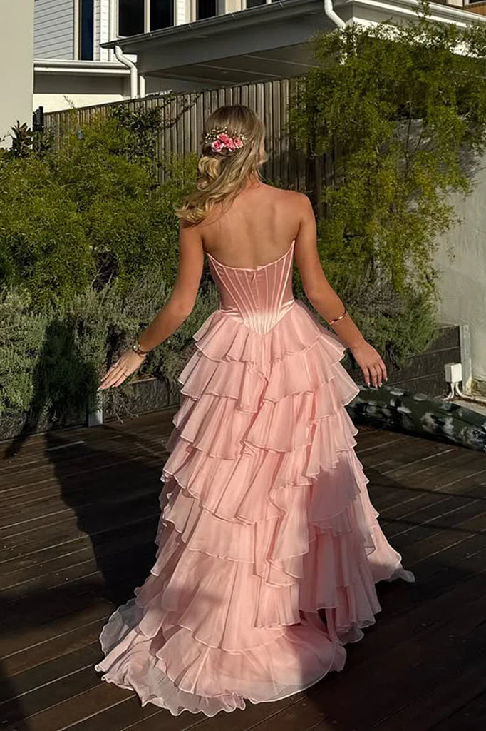 Unique Blush Pink Tiered Ruffle Prom Dress Strapless Boned Corset Tulle Ball Gown Skirt,OLP1741