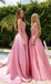Classy Pink Satin Ball Gown Prom Dress Pearl Beaded Off Shoulder Party Gown,OLP2049