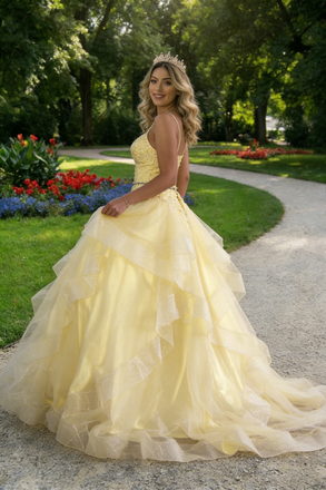 Fancy Yellow Tulle Prom Dress Beaded Bodice Tiered Ruffle Skirt Ball Gown,OLP2093
