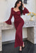 Sexy Burgundy Sweetheart Ruched Flare-Sleeve Sparkle Long Prom Dress,OLP2439