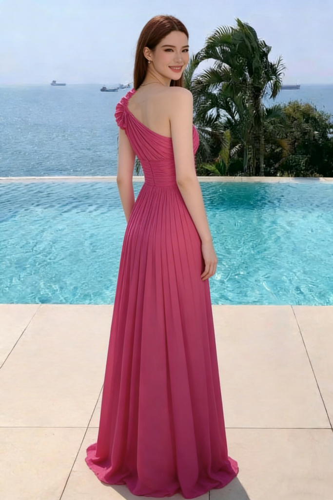 Classy Magenta One-Shoulder Prom Dress Pleated Chiffon Floor Length Gown,OLP2129