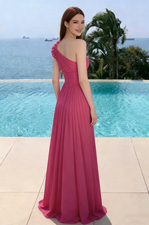 Classy Magenta One-Shoulder Prom Dress Pleated Chiffon Floor Length Gown,OLP2129