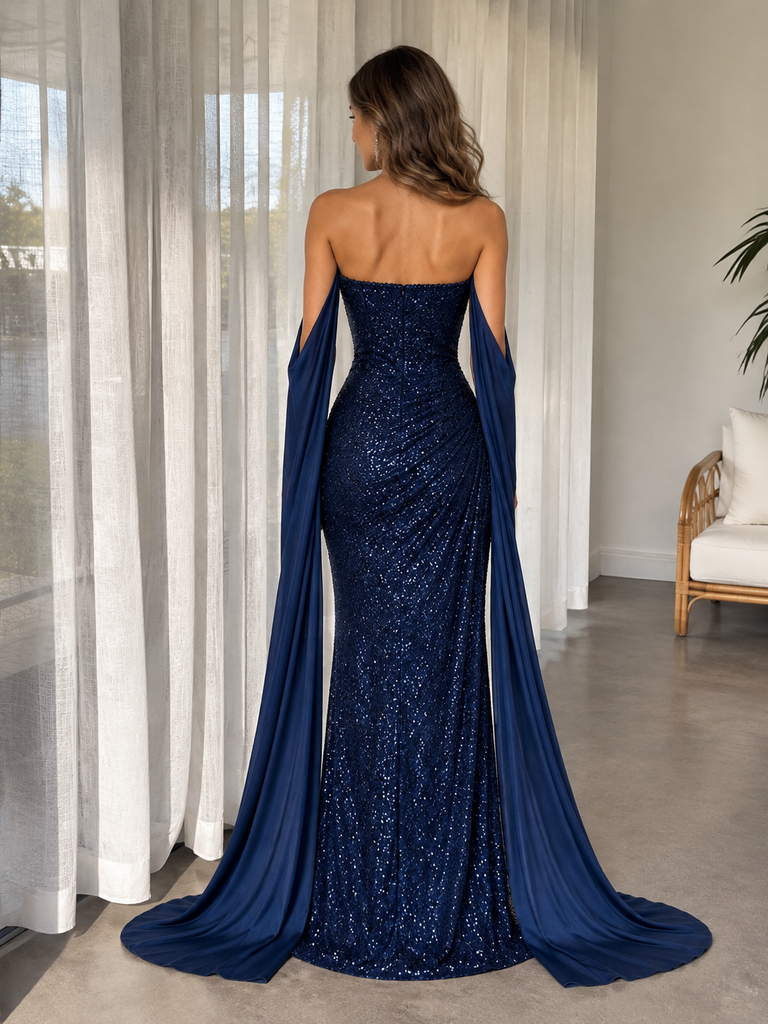 Fancy Navy Blue Strapless Cape Sleeve Slit Prom Dress,OLP2454