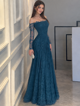 Chic Off Shoulder Long Sleeve Teal Lace Prom Dress A Line Floor Length Gown,OLP2413