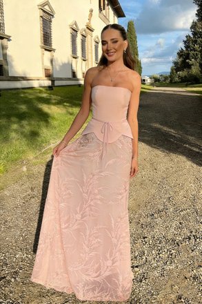 Beautiful Strapless Blush Pink Prom Dress Peplum Waist Leaf Embroidery Formal Maxi Gown,OLP2059