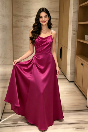 Fushia Magenta Strappy Pearl Strap Cowl Neck Sleeveless Long Prom Dress,OLP2217