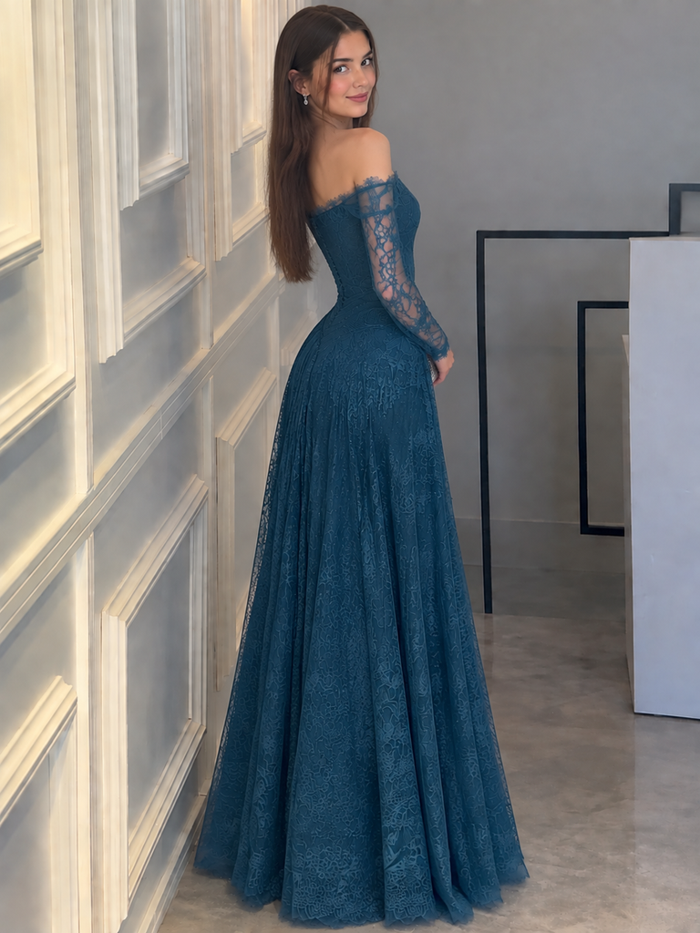 Chic Off Shoulder Long Sleeve Teal Lace Prom Dress A Line Floor Length Gown,OLP2413