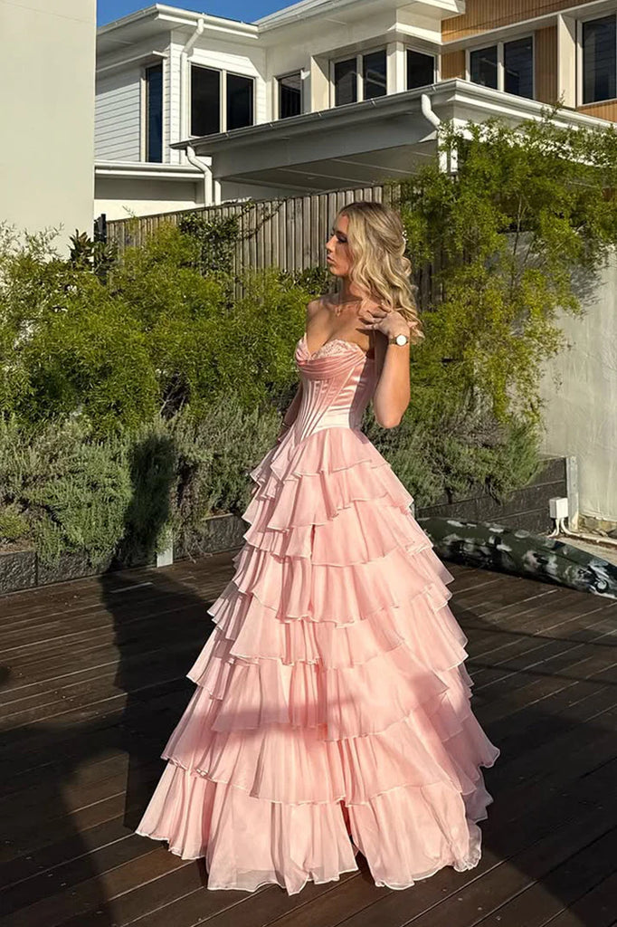 Unique Blush Pink Tiered Ruffle Prom Dress Strapless Boned Corset Tulle Ball Gown Skirt,OLP1741