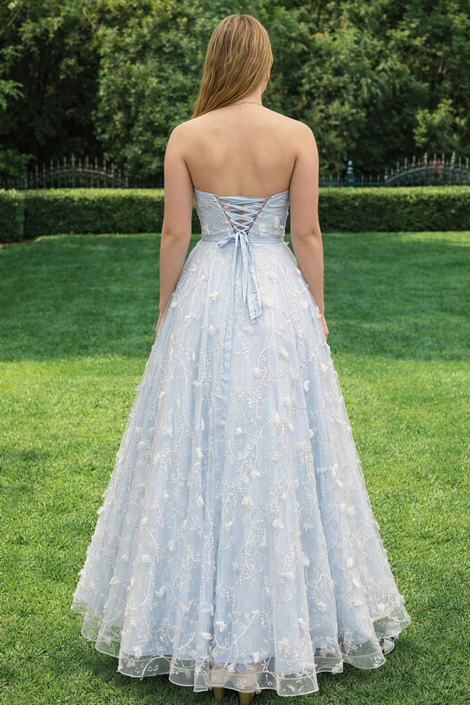 Pretty Light Blue 3D Floral Prom Dress Strapless Tulle A-Line Party Gown,OLP2030