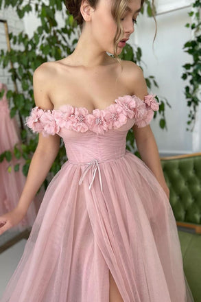 Elegant Pink Off-Shoulder Floral Mermaid Side Slit Long Prom Dress Ideas, Evening Party Dresses, OLP1296