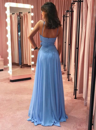 Elegant Blue Spaghetti-Strap A-Line Long Prom Dress Ideas, Evening Party Dresses, OLP1270