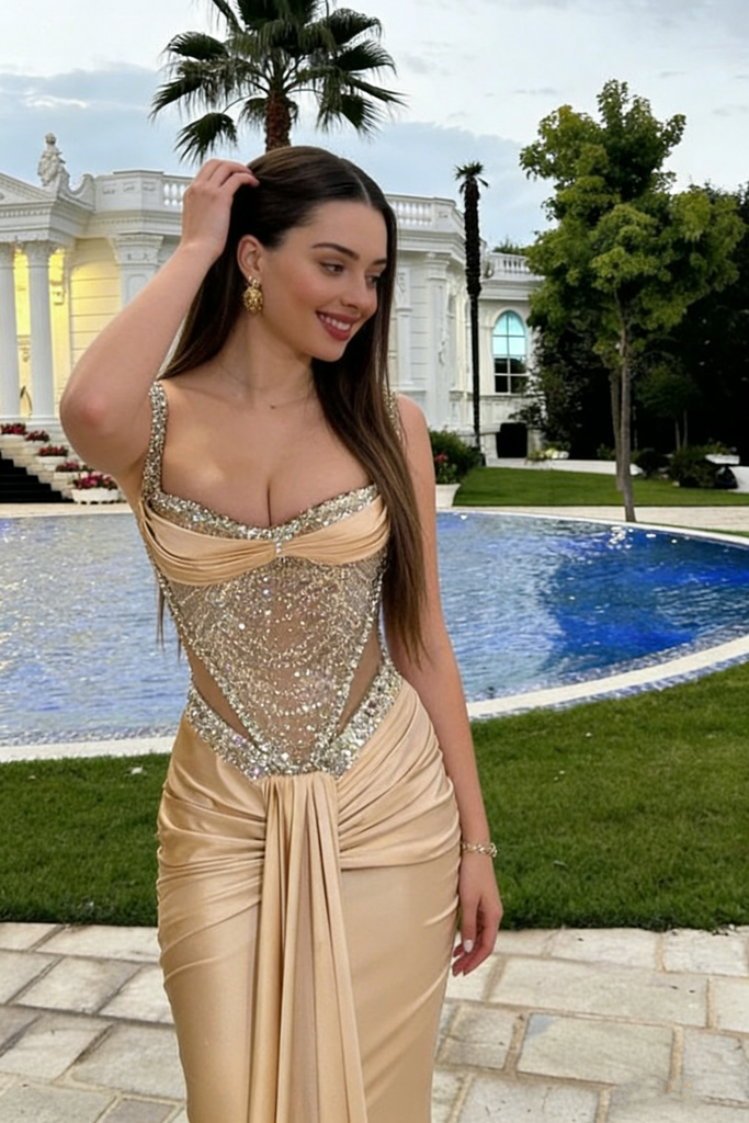 Unique Champagne Mermaid Prom Dress Sparkly Beaded Corset Straps Floor Length,OLP2176