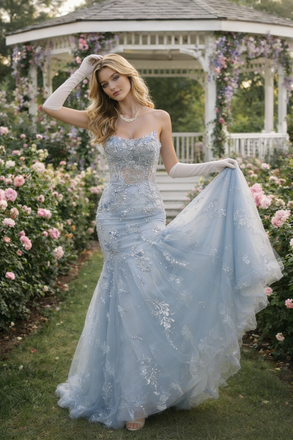Glamorous Ice Blue Embroidery Mermaid Dress with Sheer Tulle Court Train,OLP1897