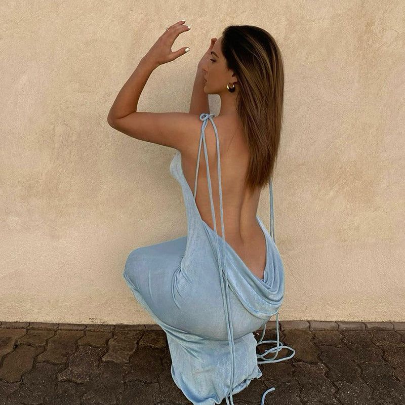 Unique Dusty Blue Satin Slip Prom Dress with V-Neck Neckline,OLP1870