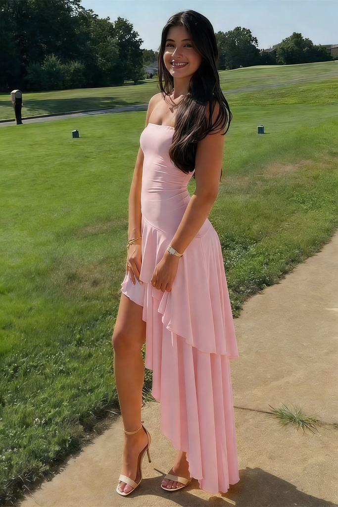 Pink Strapless High Low Prom Dress Unique Ruffle Chiffon Party Formal Dresses,OLP1720
